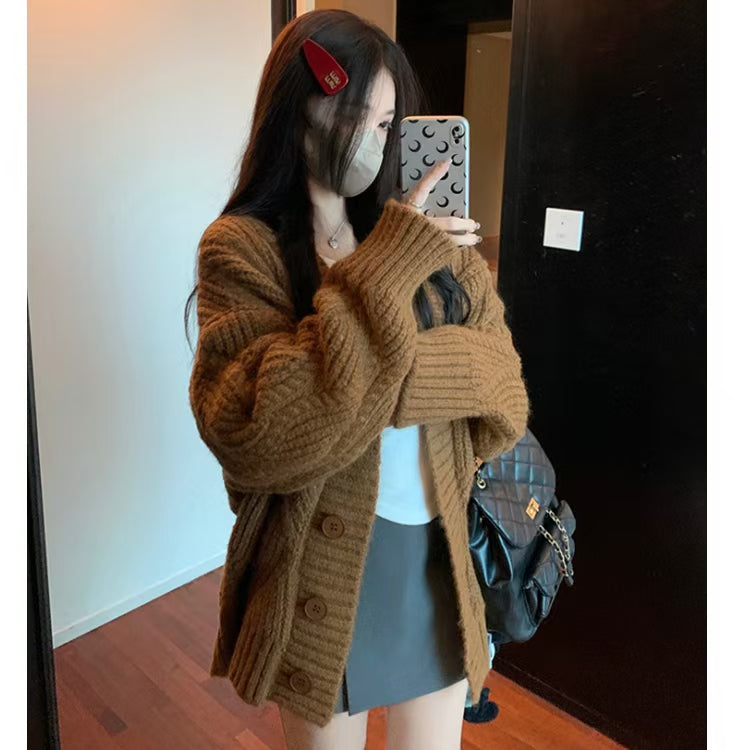 韓系慵懶風純色V領長袖加厚毛衣開衫