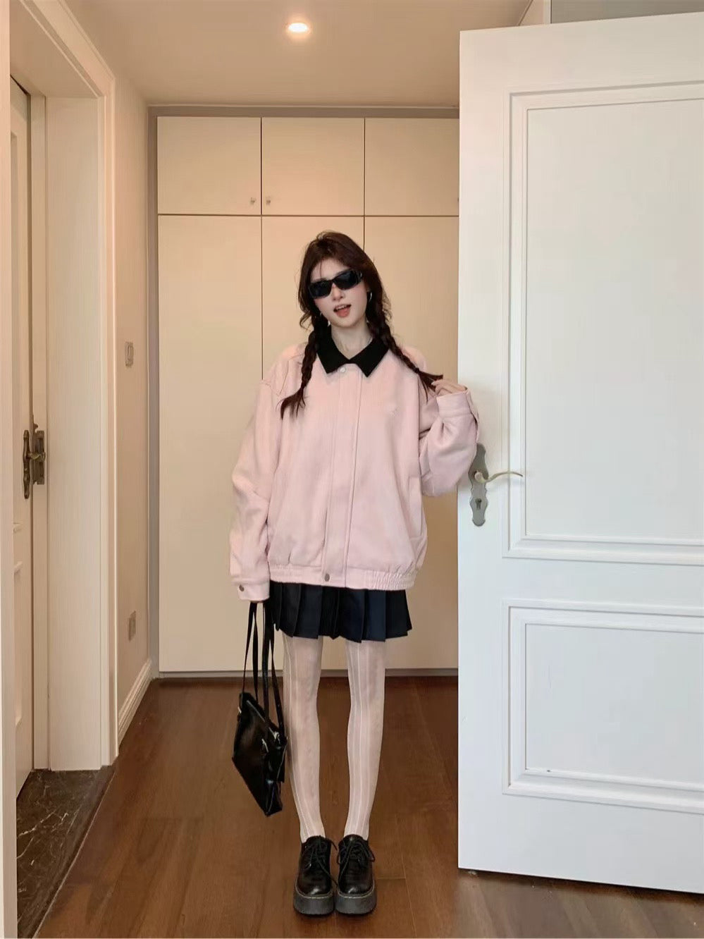 甜美休閒麂皮絨粉色翻領寬鬆棒球外套