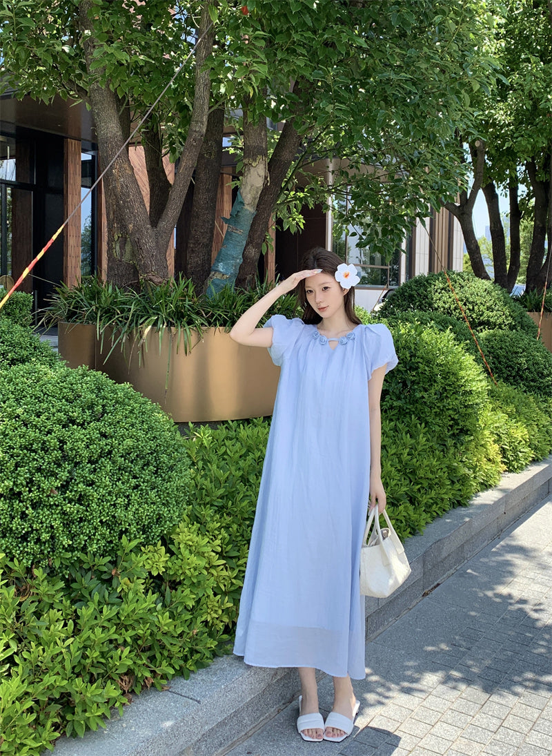 法式復古花朵短袖收腰顯瘦度假洋裝
