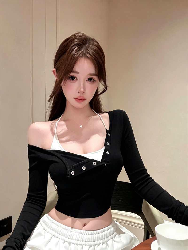 美式辣妹掛脖斜肩設計感修身長袖上衣