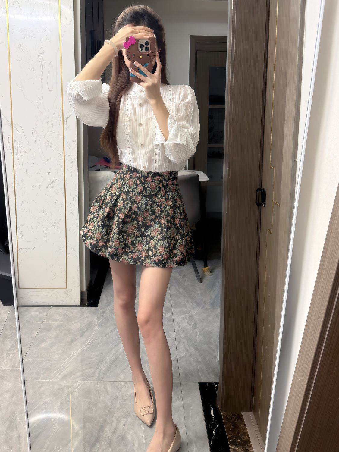 高級感小香風蕾絲鏤空襯衫+碎花裙兩件套
