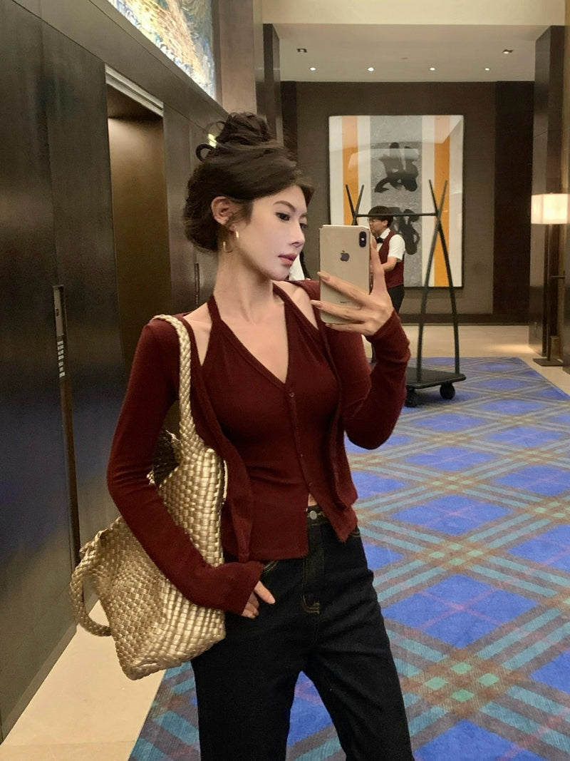 性感辣妹風吊帶掛脖假兩件上衣