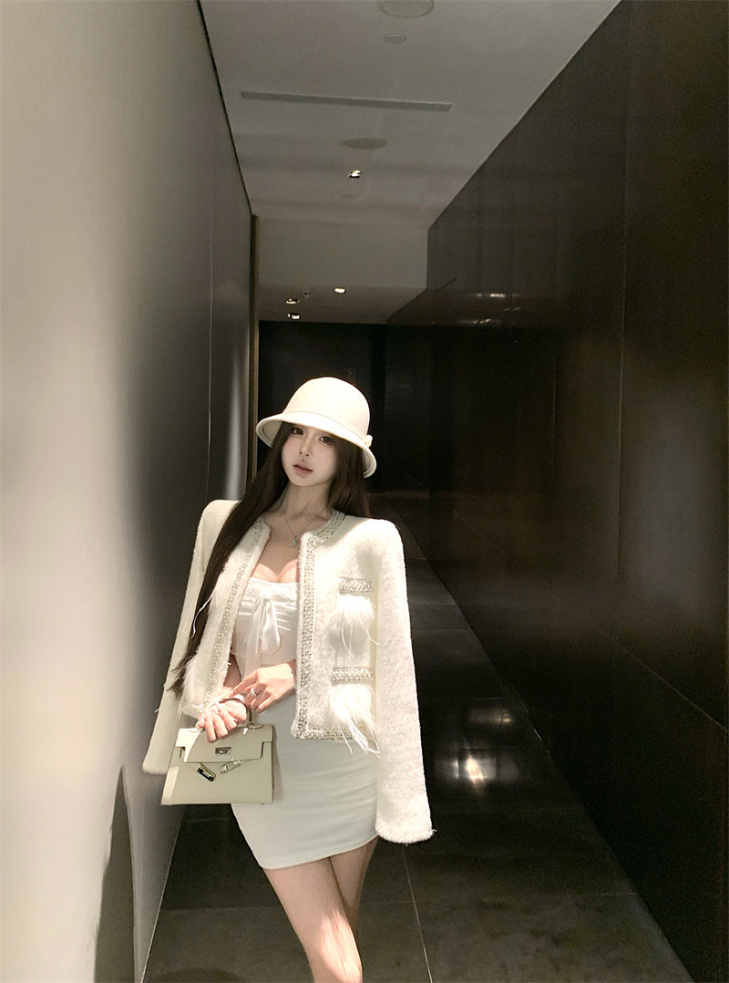 高級感精緻小香風毛呢拼接羽毛短款大衣