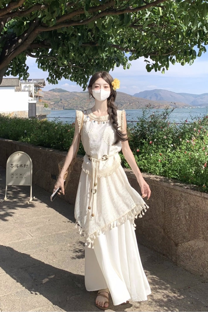 度假風不規則流蘇馬甲半身裙套裝