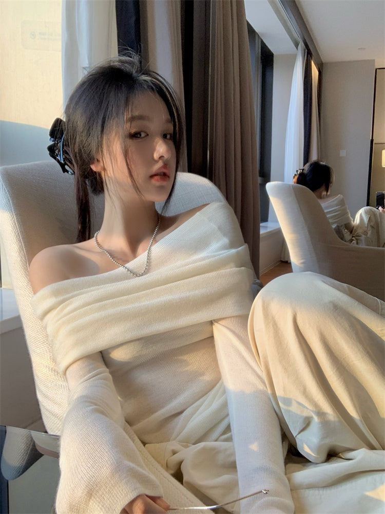 法式chic氣質溫柔褶皺露肩針織衫上衣