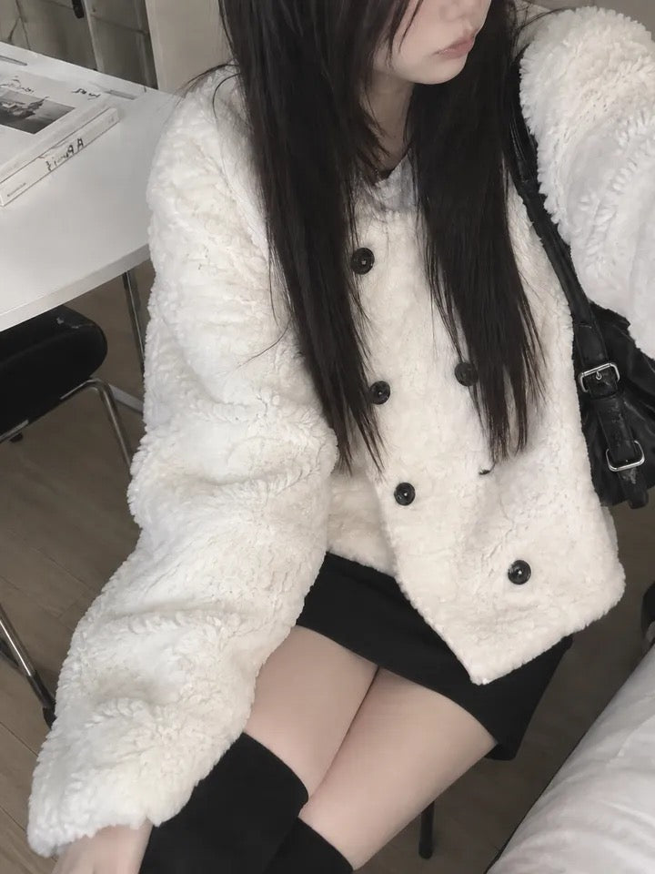chic韓系溫柔雙排釦羊羔毛外套