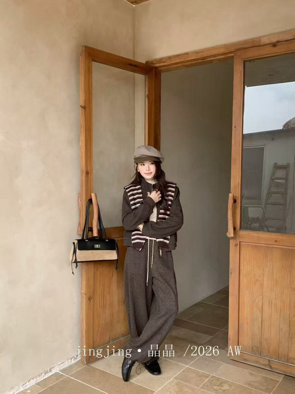 時尚休閒立領拉鏈外套+闊腿褲+圍巾3件套