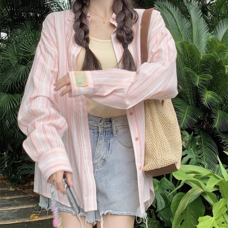 秋季慵懶外搭寬鬆藍色條紋襯衫外套