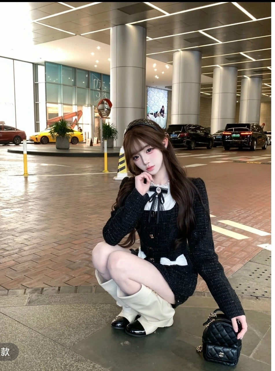 千金星光細閃黑白拼接上衣+高腰花邊短褲