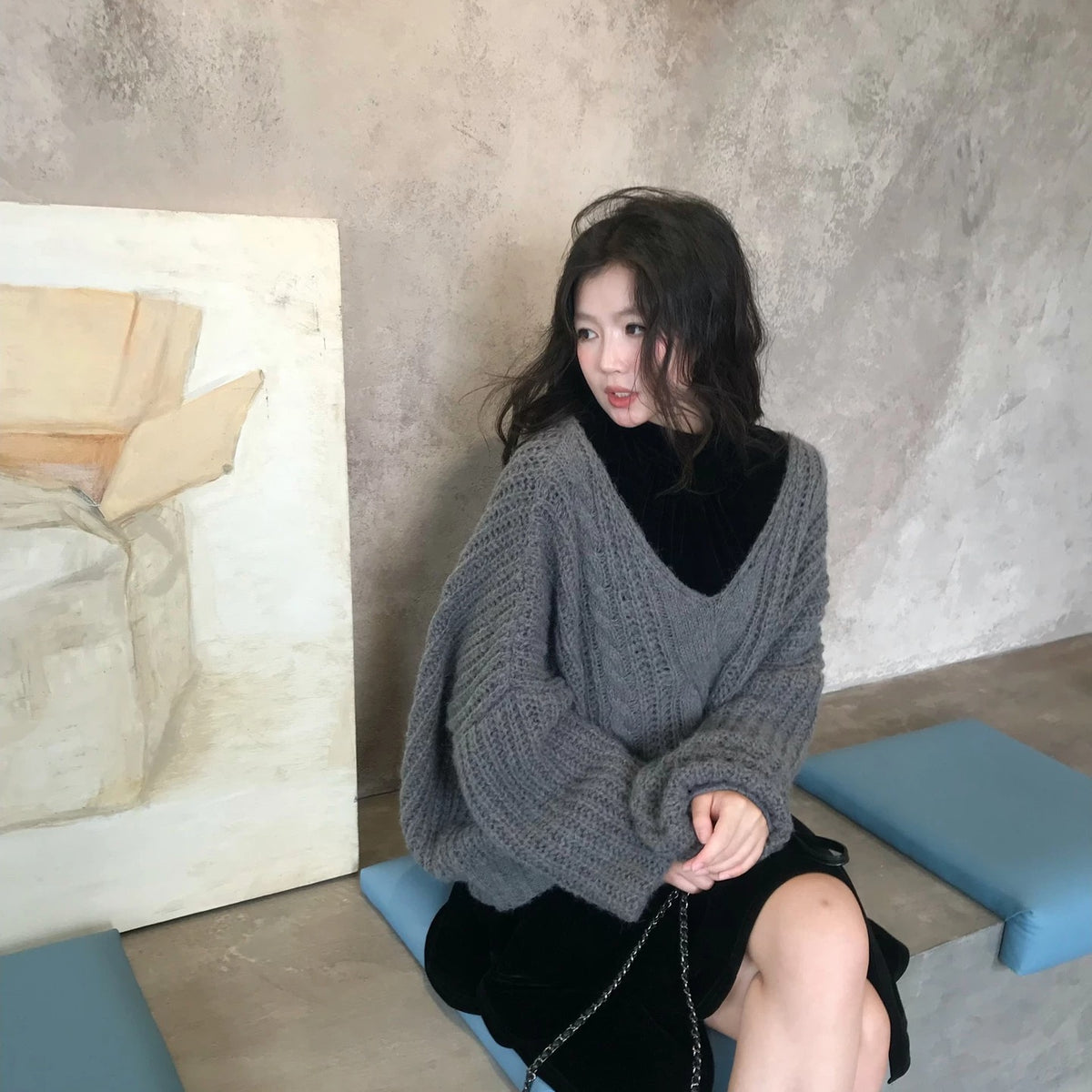 溫柔寬鬆慵懶軟糯v領絞花針織衫毛衣