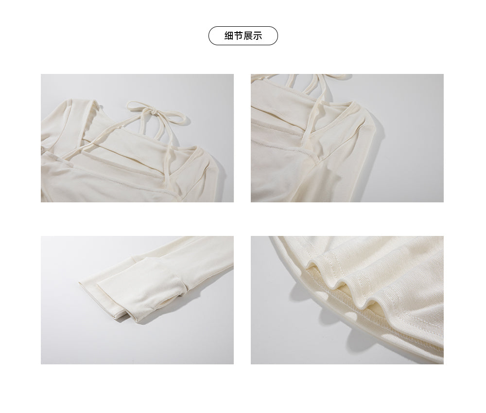 簡約ins系掛脖不規則方領長袖上衣