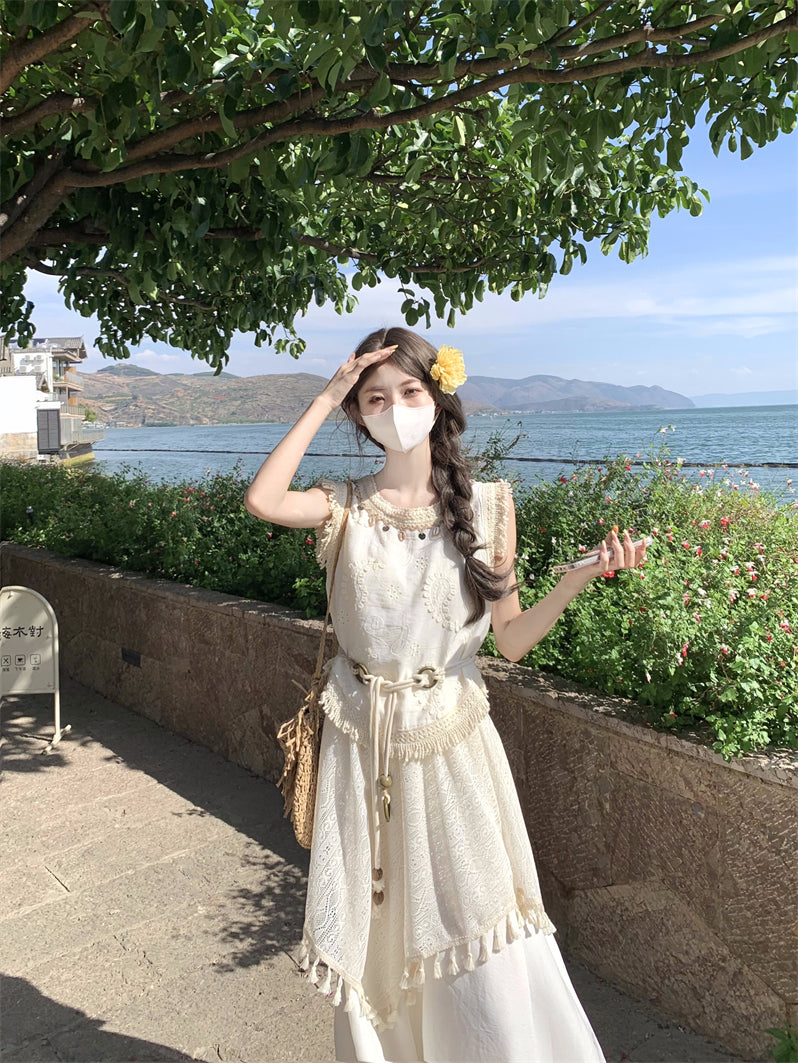 度假風不規則流蘇馬甲半身裙套裝