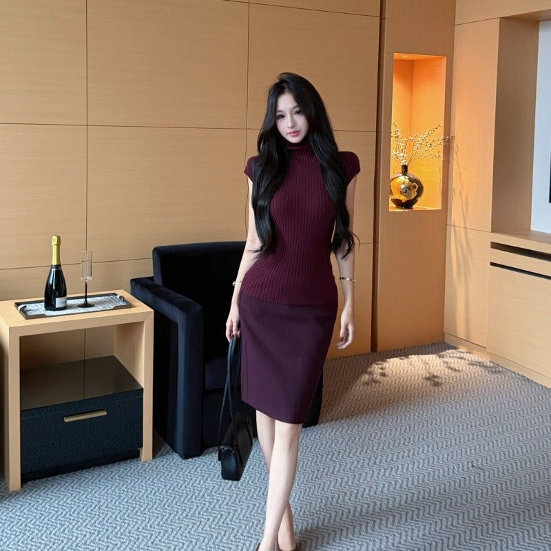 氣質OL辦公高領短袖針織顯瘦套裝