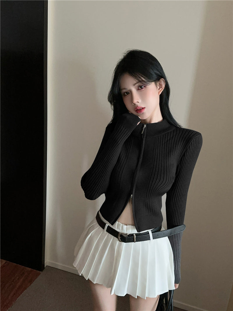 百搭短款修身雙拉鍊圓領外套