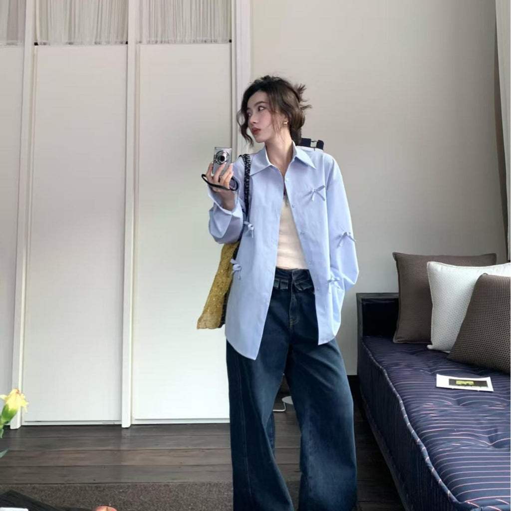 法式蝴蝶結設計感藍色襯衫外套