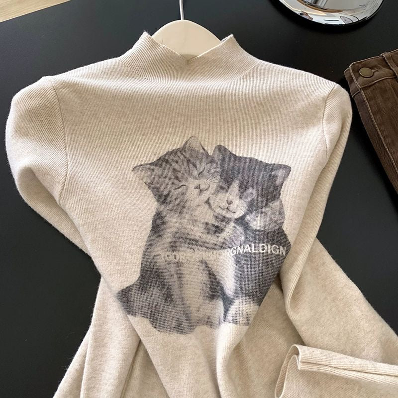 秋冬可愛溫暖擁抱貓咪印花半高領打底衫上衣
