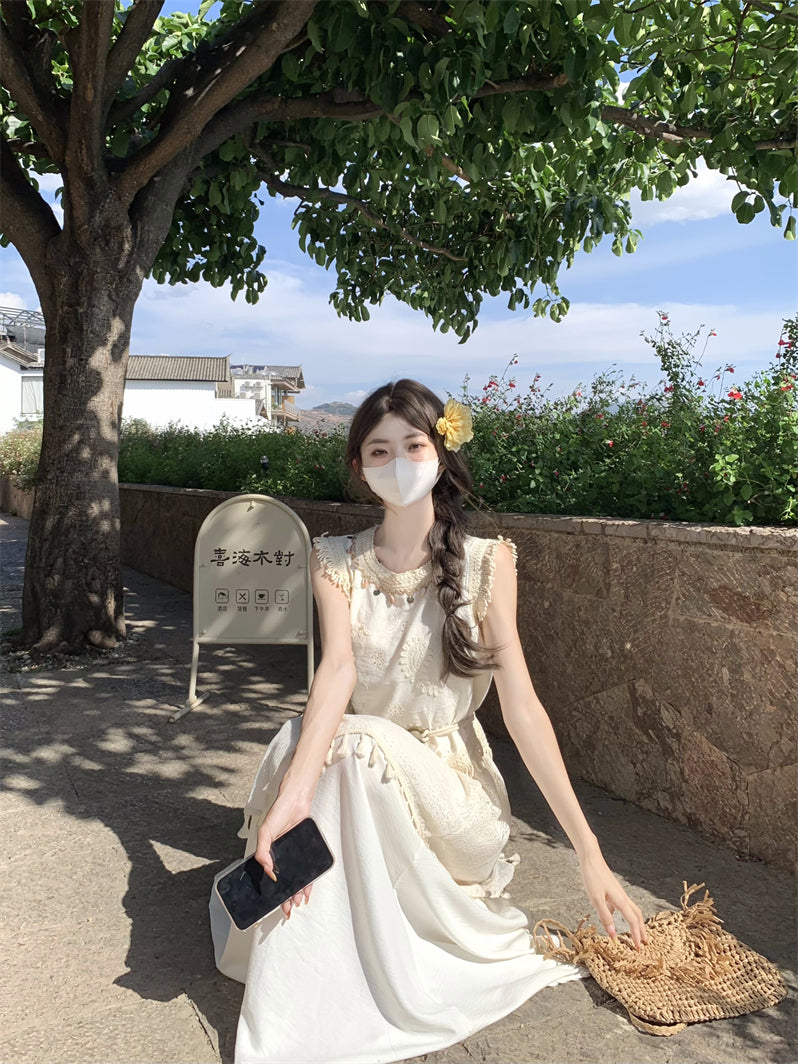 度假風不規則流蘇馬甲半身裙套裝