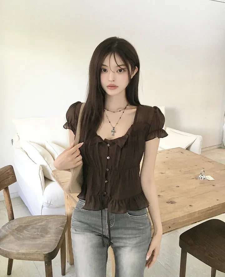 氣質法式質感甜美綁帶襯衫上衣