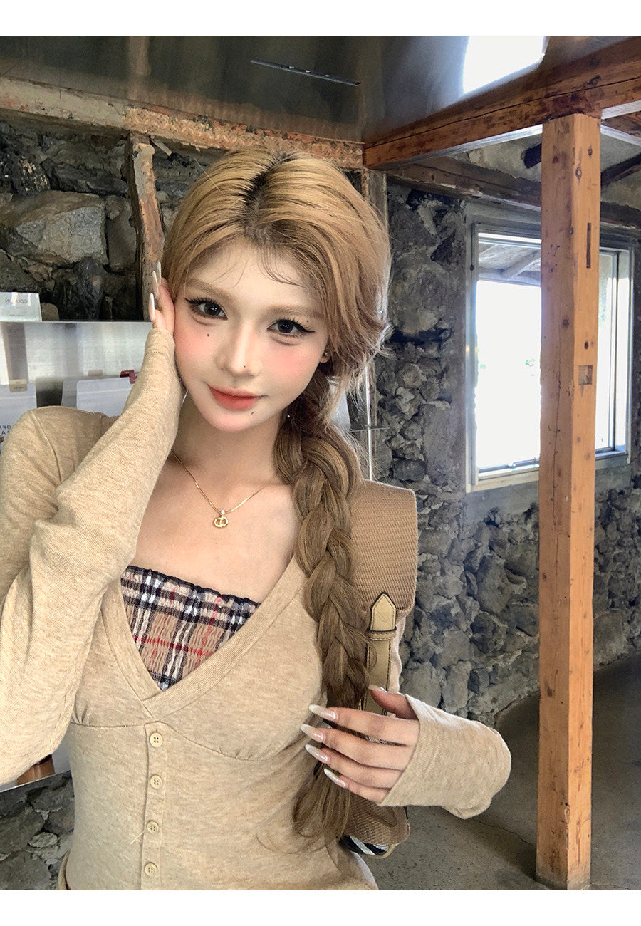 美拉德系氣質卡其假兩件長袖上衣
