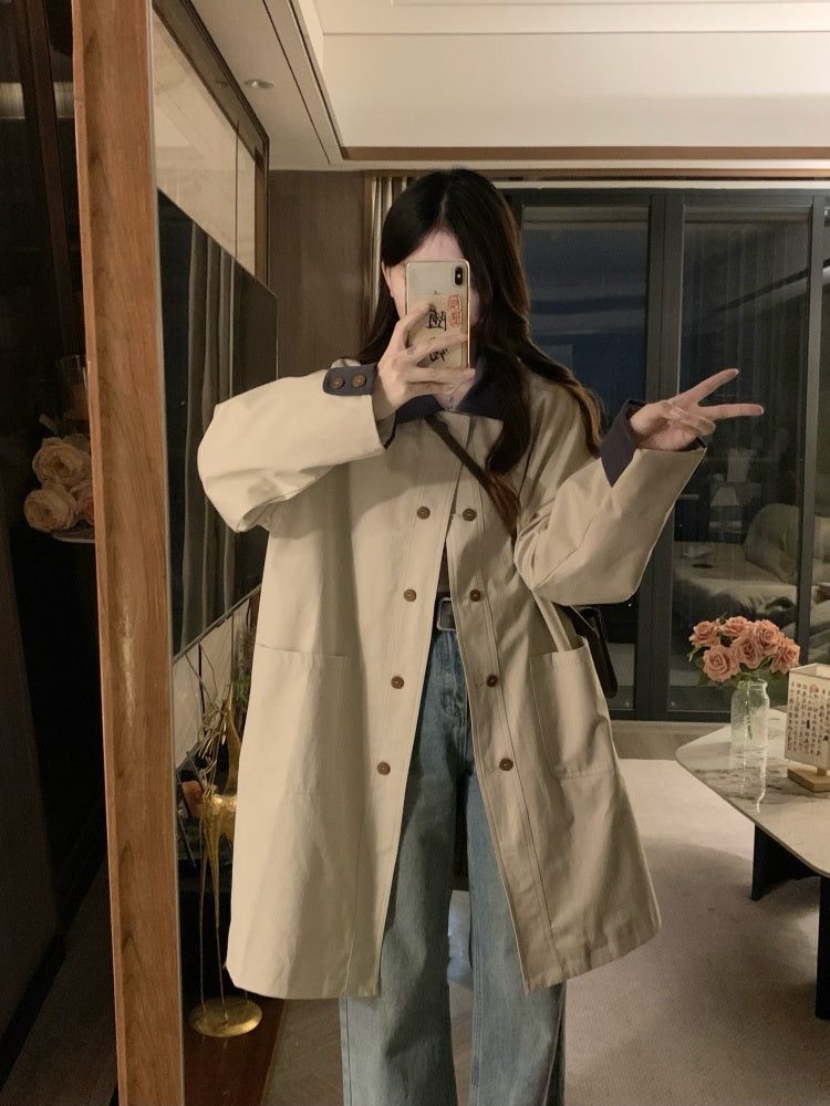 韓系撞色卡其風衣外套
