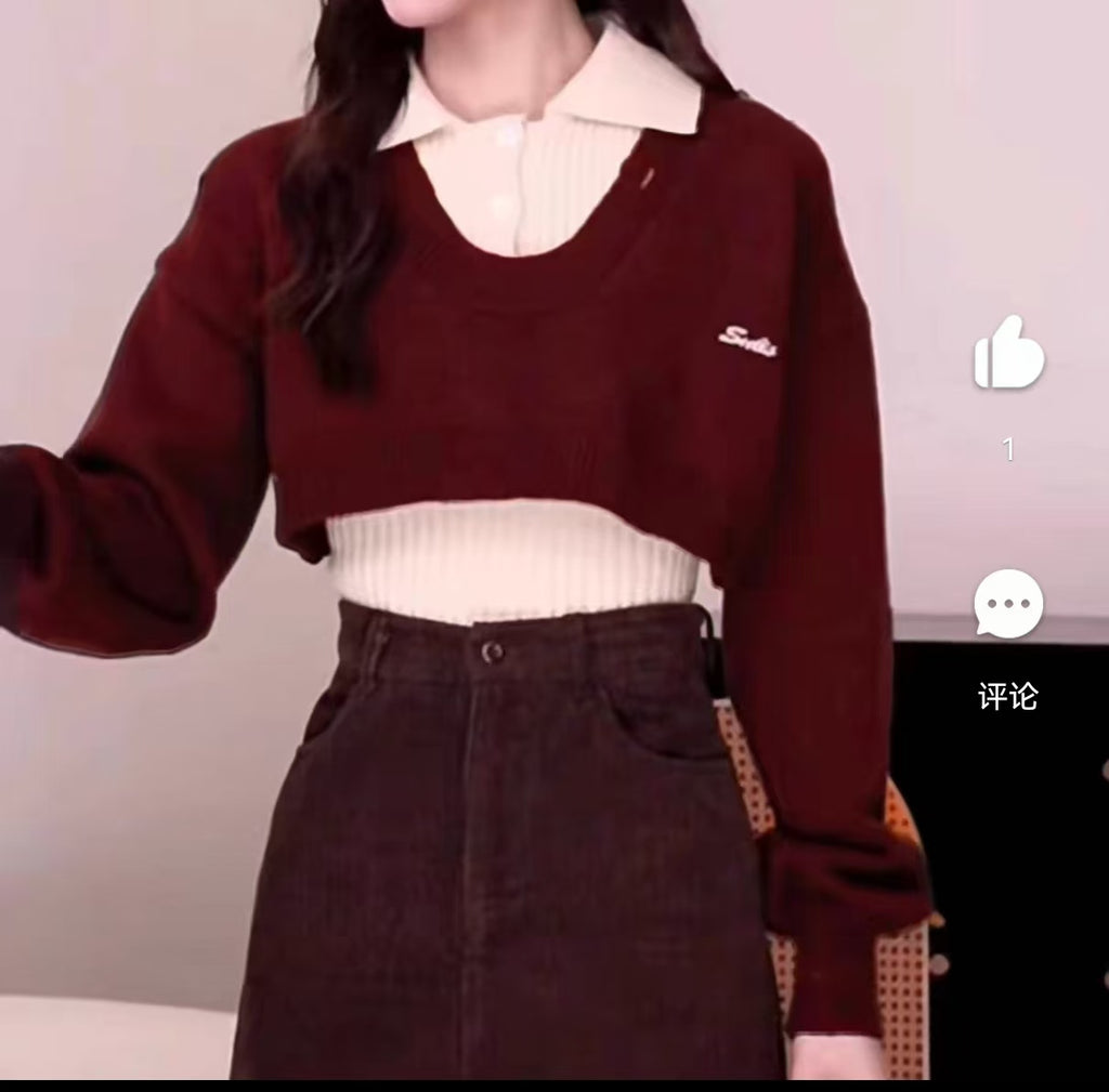 冬季短款翻領假兩件長袖上衣