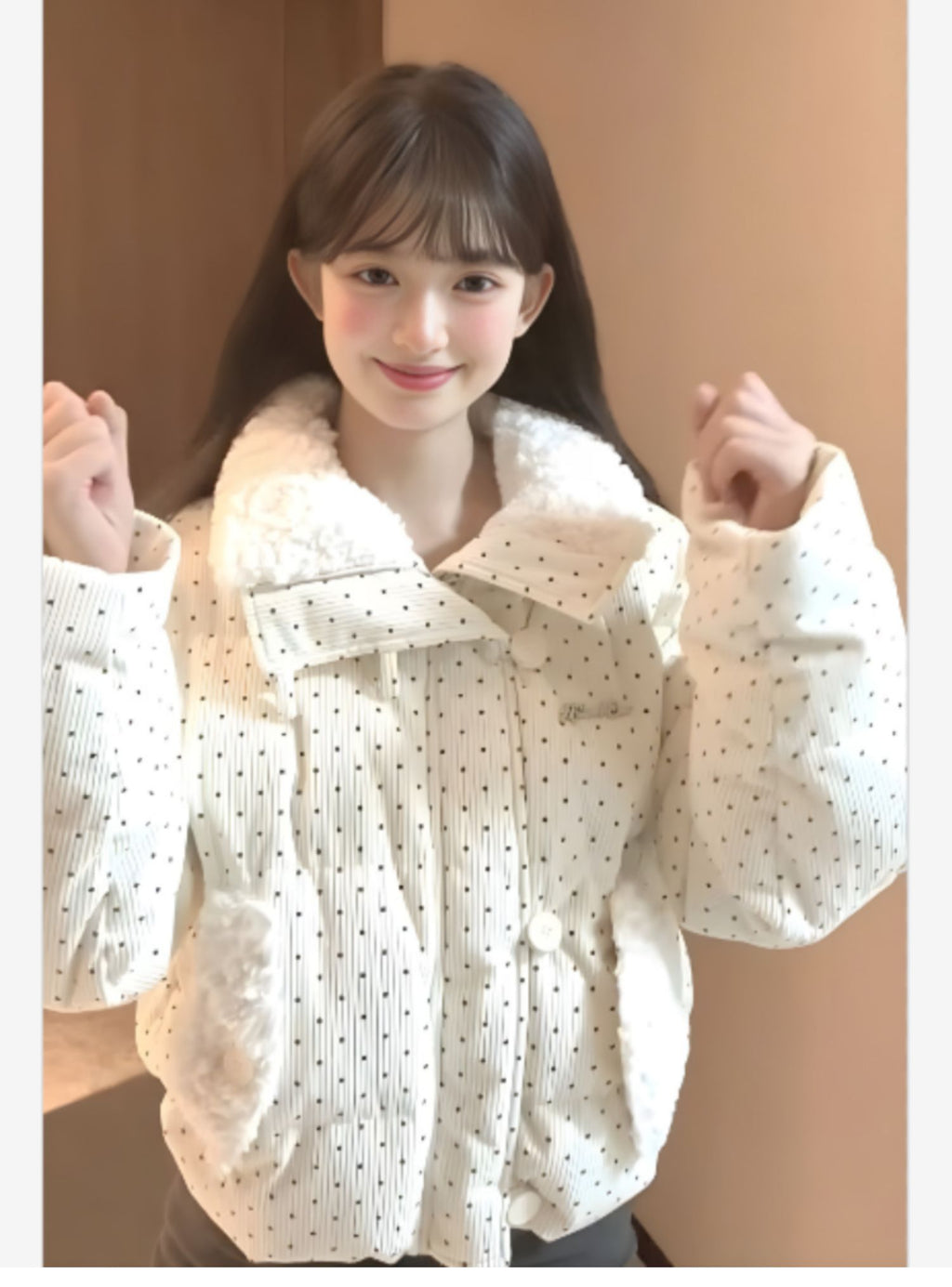 氣質燈芯絨波點立領羽絨外套