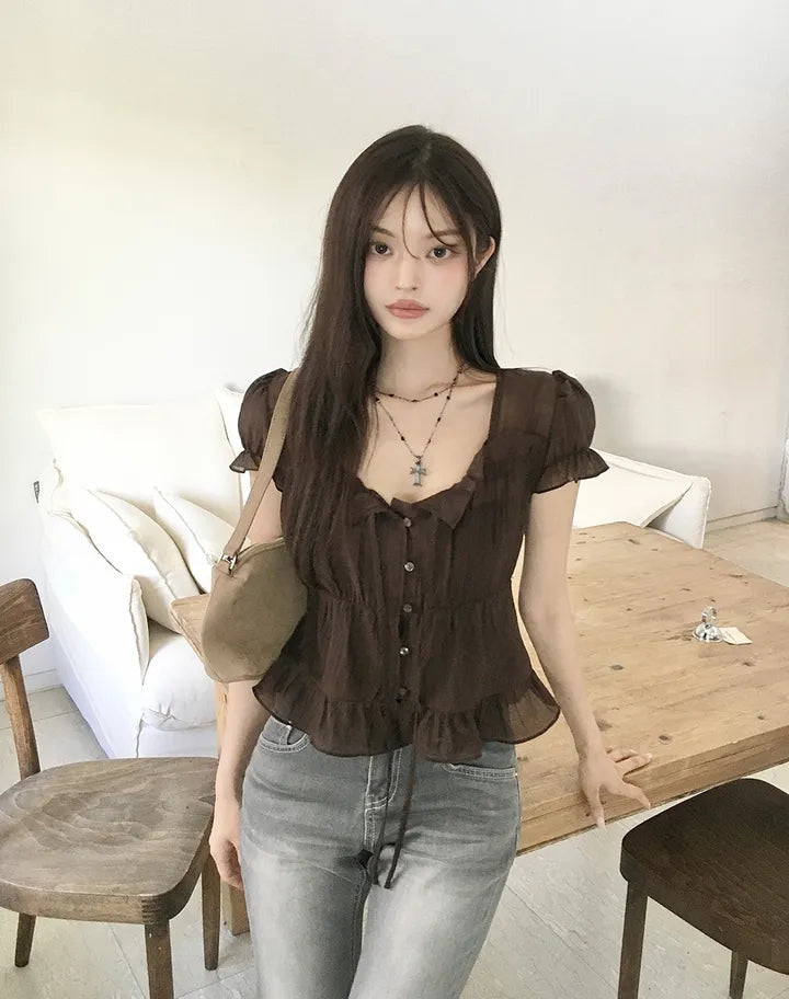 氣質法式質感甜美綁帶襯衫上衣