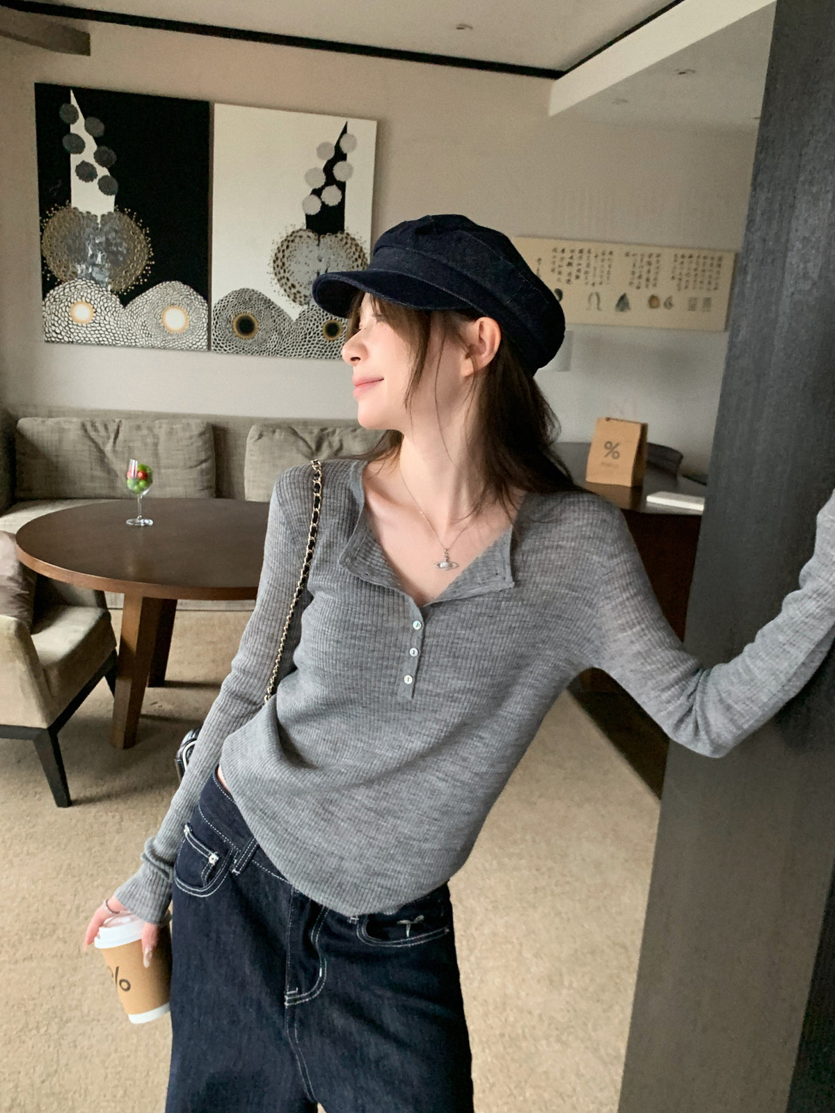 日常翻領修身顯瘦v領長袖上衣
