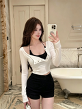 美式辣妹掛脖斜肩設計感修身長袖上衣