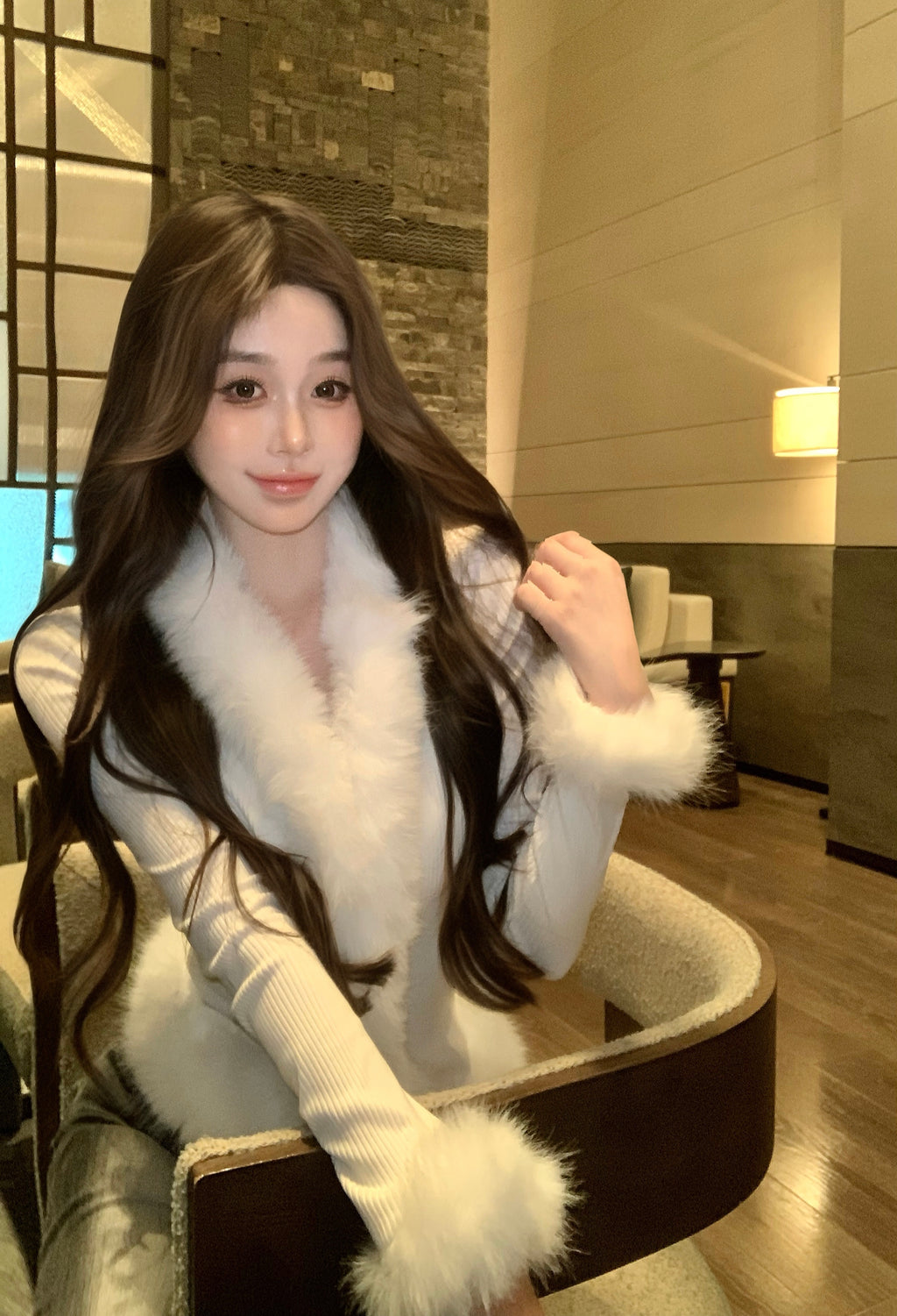 可愛性感毛毛邊v領針織開衫毛衣外套