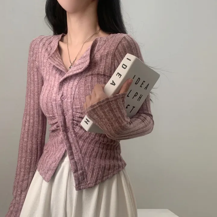 韓系chic修身顯瘦排扣長袖上衣