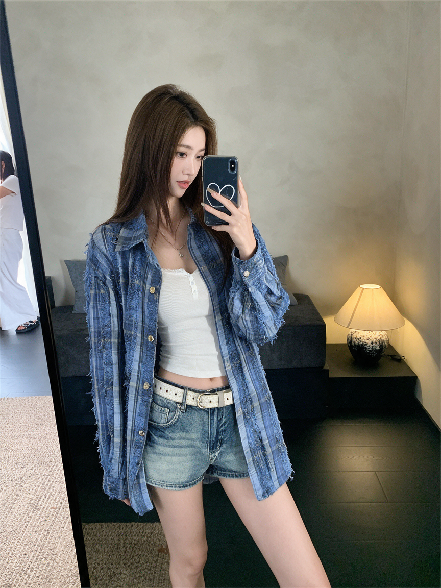 秋季愜意寬鬆格子流蘇長袖襯衫
