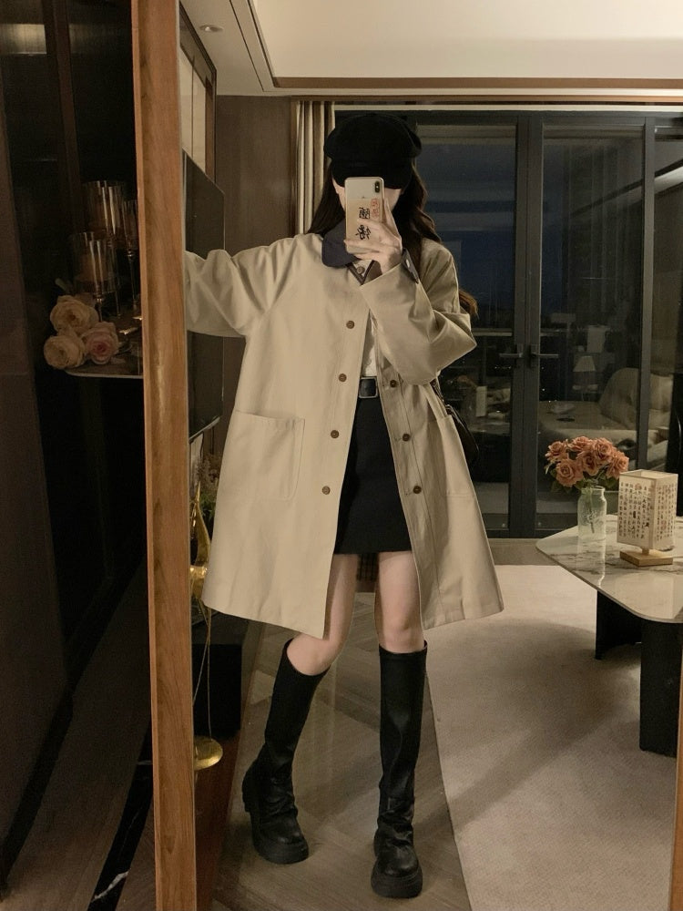 韓系撞色卡其風衣外套