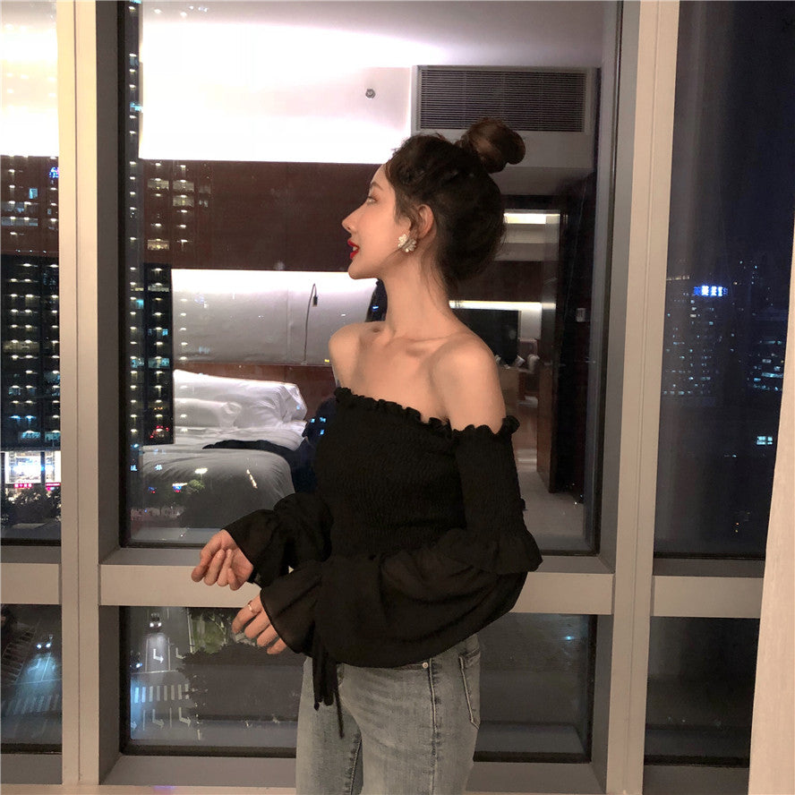 氣質約會一字領露肩顯瘦上衣