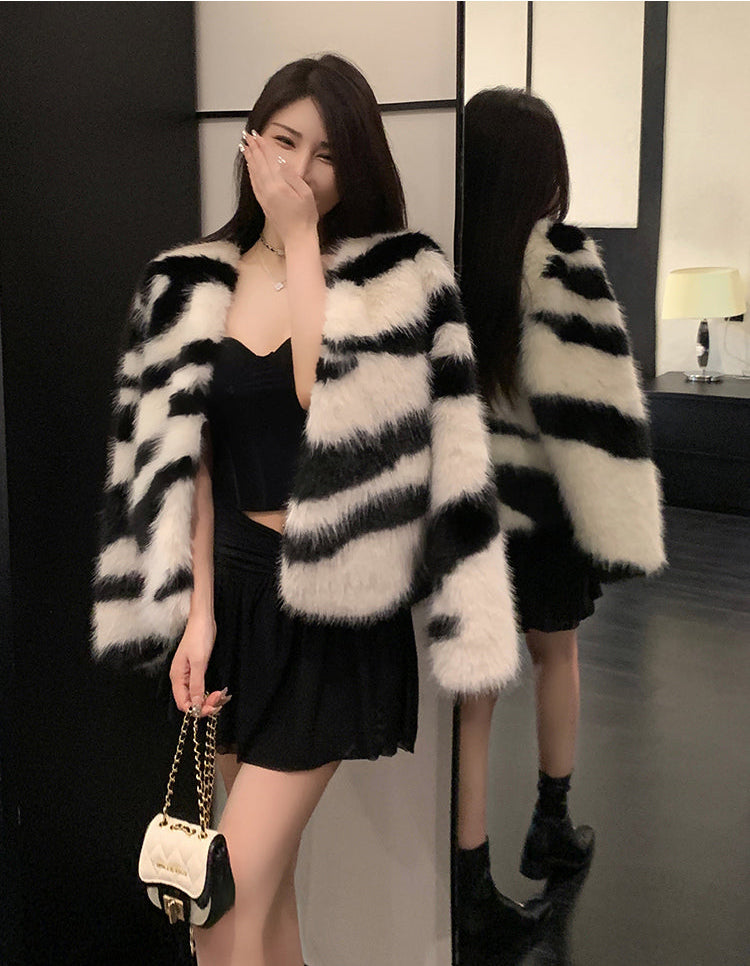 輕奢名媛條紋仿狐貍毛保暖外套