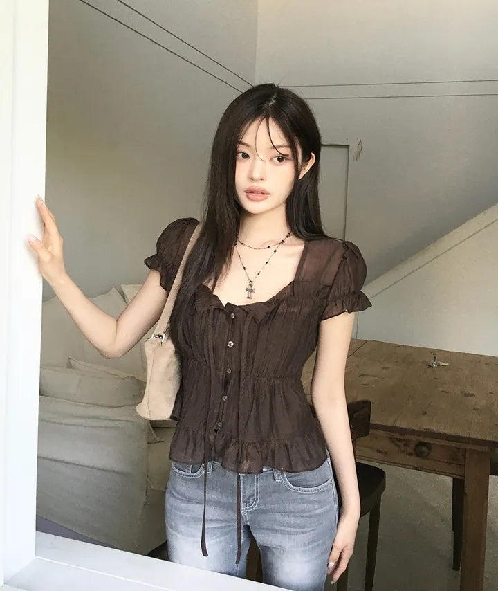 氣質法式質感甜美綁帶襯衫上衣