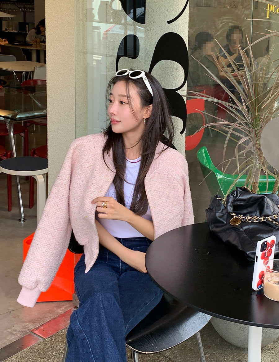 粗花毛呢小香風棒球拉鍊外套