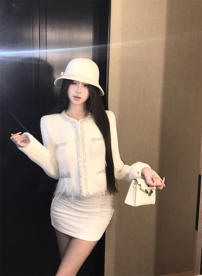 高級感精緻小香風毛呢拼接羽毛短款大衣