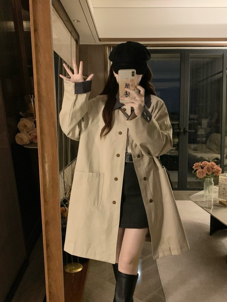 韓系撞色卡其風衣外套