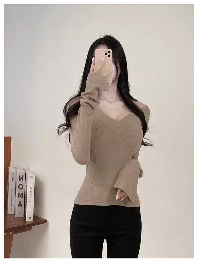 秋冬修身顯身材v領緊身磨毛打底上衣