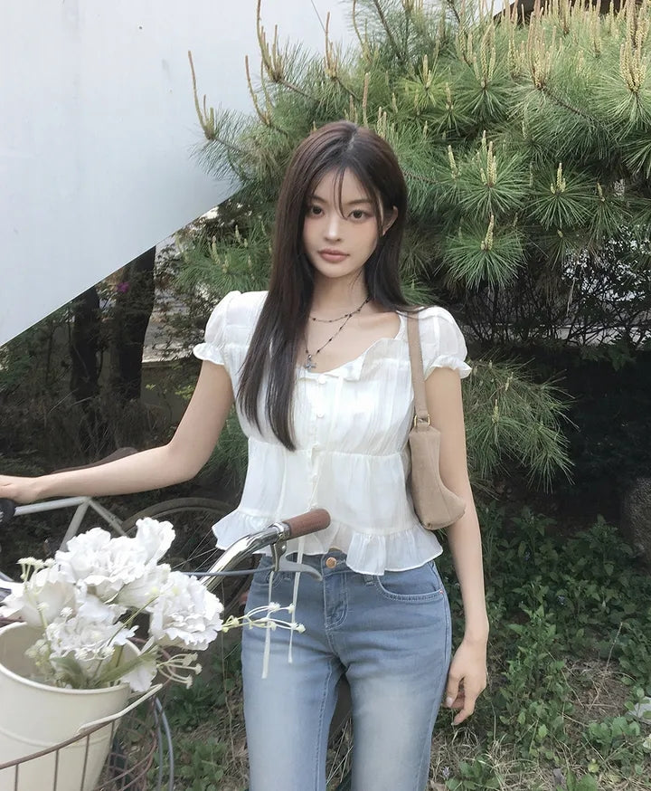 氣質法式質感甜美綁帶襯衫上衣
