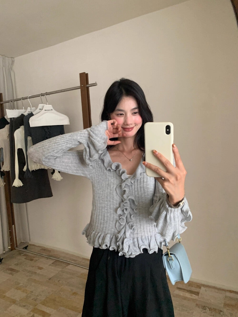 韓系甜美純欲木耳邊修身針織v領上衣