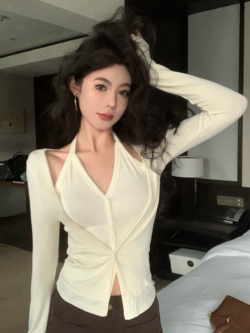 性感辣妹風吊帶掛脖假兩件內搭上衣