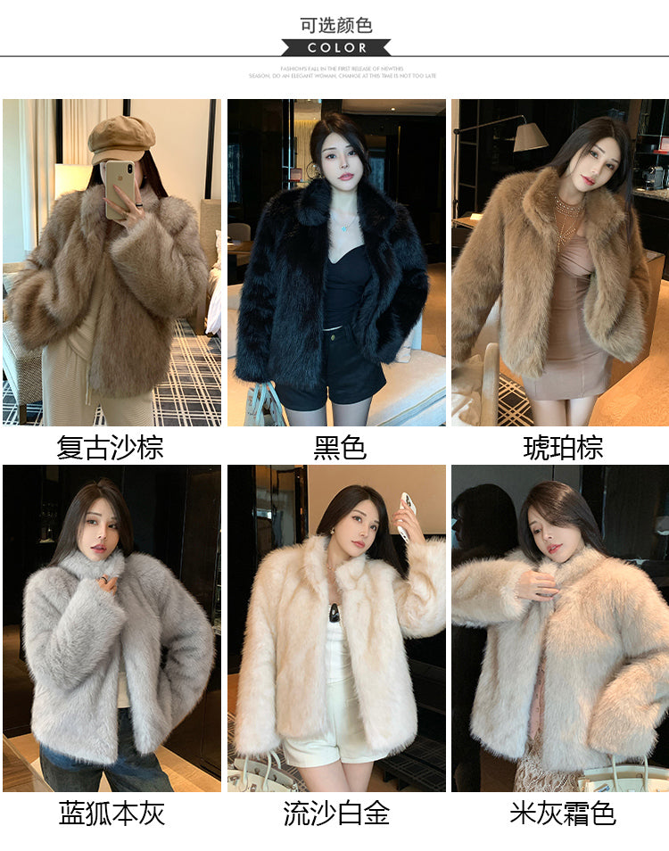 冬季小立領紡狐狸毛皮草毛毛外套
